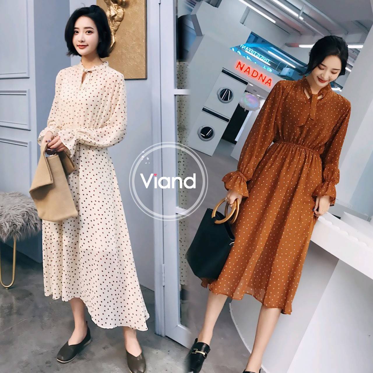 เดรสเกาหลี พร้อมส่ง เดรสตัวยาว ลายจุด ผ้าชีฟอง ใส่สบาย