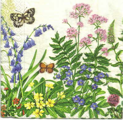 แนวภาพดอกไม้ ดอกไม้หลากสี กับผีเสื้อ Flower & Butterfly เป็นภาพครึ่งแผ่น กระดาษแนพกิ้นสำหรับทำงาน เดคูพาจ Decoupage Paper Napkins ขนาด 33X33cm