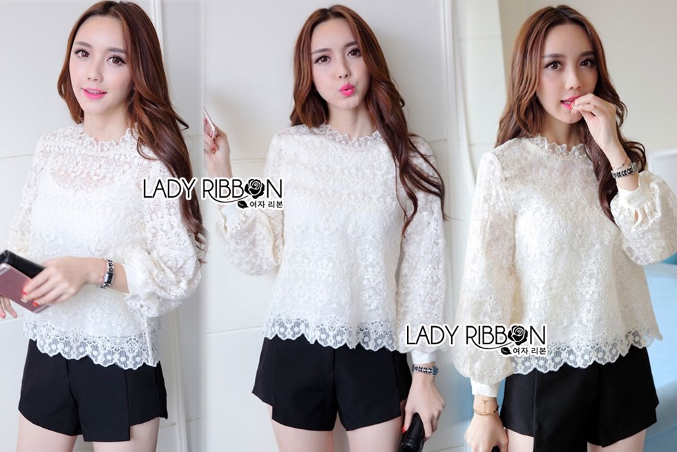 เสื้อผ้าลูกไม้ พร้อมส่ง เสื้อลูกไม้ สีขาวสไตล์คลาสสิกสุดหวาน