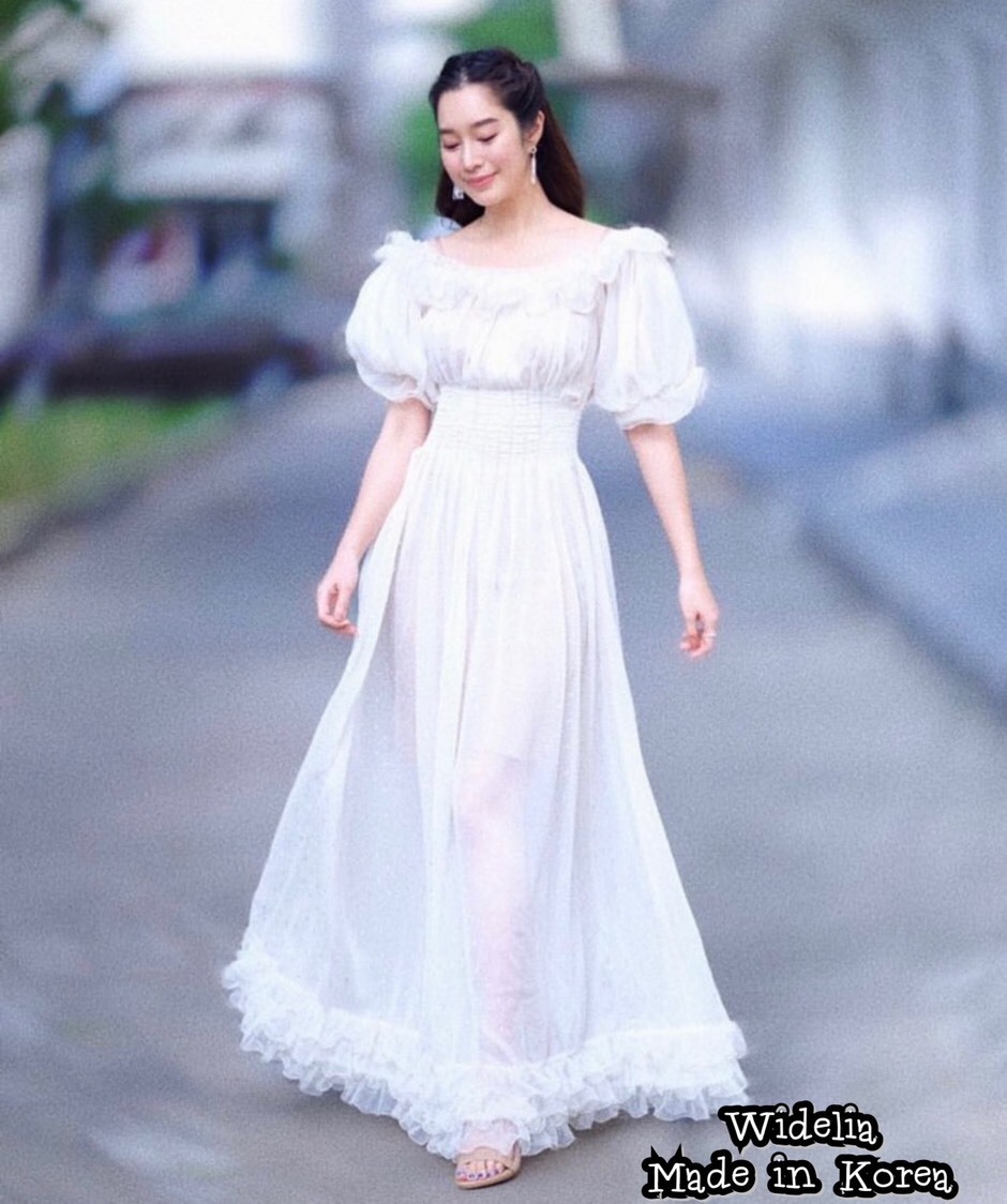 ชุดเดรสเกาหลี พร้อมส่ง เดรสปาดไหล่ แขนพอง