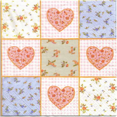 แนวภาพ Valentine หัวใจ กับดอกไม้ Patchwork เป็นภาพแนวยาว กระดาษแนพกิ้นสำหรับทำงาน เดคูพาจ Decoupage Paper Napkins ขนาด 33X33cm