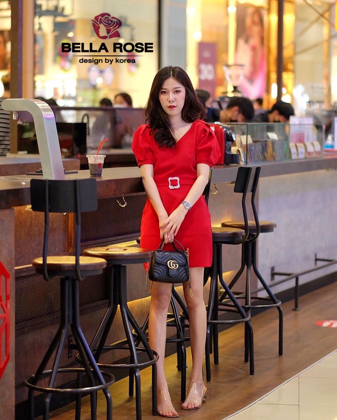 เดรสเกาหลี พร้อมส่ง เดรสทรงสวย มีเข็มขัดเพชร