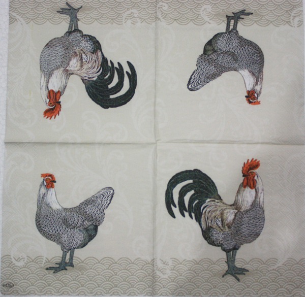 แนวภาพวินเทจ ไก่ ตัวผู้ตัวเมีย ยืนบนคลื่น พื้นครีมเป็นภาพครึ่งแผ่น กระดาษแนพกิ้นสำหรับทำงาน เดคูพาจ Decoupage Paper Napkins ขนาด 33X33cm