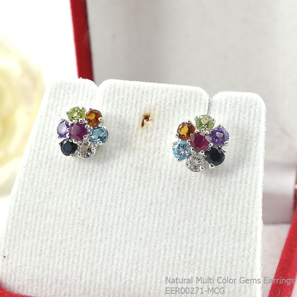SKJewelryFactory EER00271-MCG ต่างหูพลอยแท้ คละสี ตัวเรือนเงินแท้ ดีไซน์ทรงดอกไม้ สีสันคัลเลอร์ฟูล