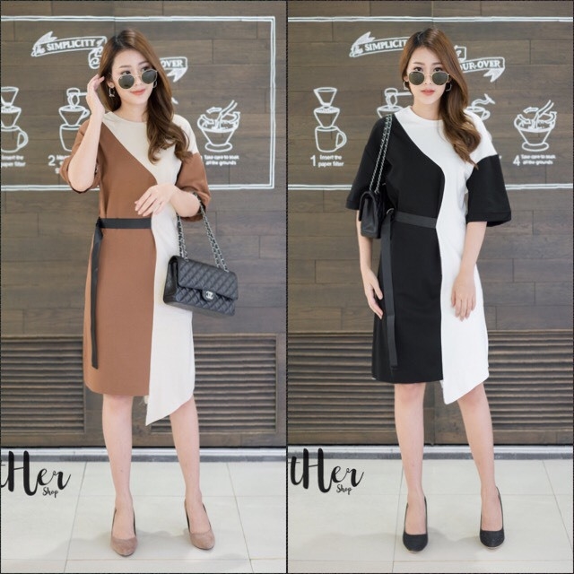 เดรสเกาหลี พร้อมส่ง Long Dress เดรสทูโทน ตัวยา