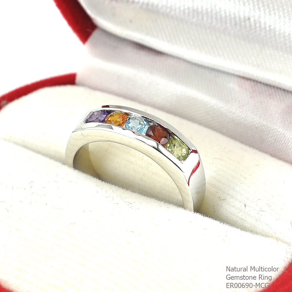 SKJewelryFactory แหวนแถวเงินแท้ พลอยแท้คละสี ตัวเรือนทำจากเงินแท้อย่างดี ER00690-MCG