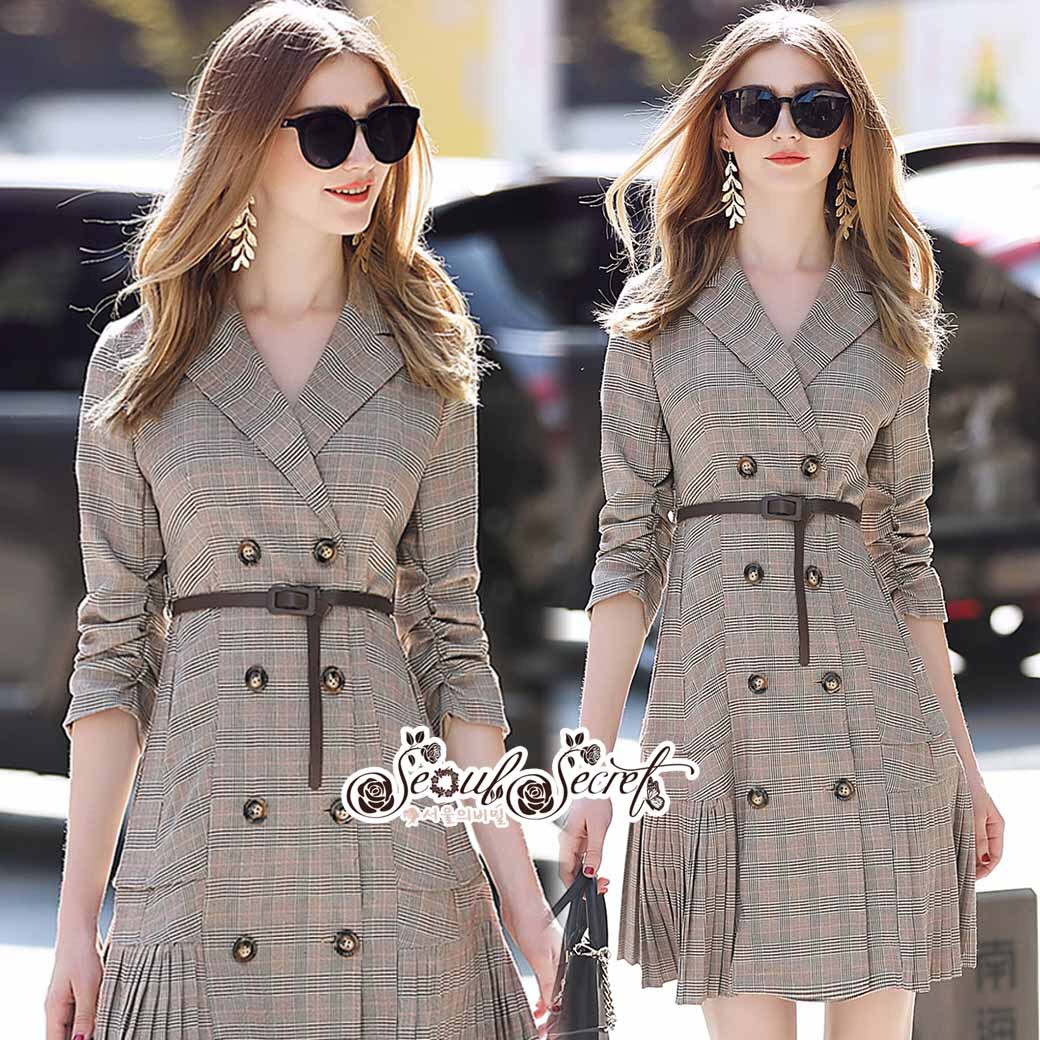 เดรสเกาหลีแฟขั่น พร้อมส่ง งานเดรสคอปกพับสไตล์สูท