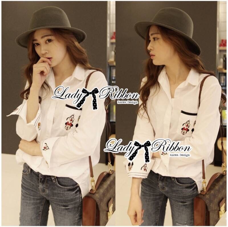 เสื้อเกาหลี พร้อมส่ง เสื้อเชิ้ต สีขาวปักลายการ์ตูน