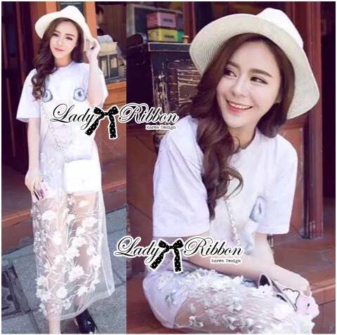 พร้อมส่ง Dress เดรสยืดแขนสั้นพิมพ์ลายแมวเหมียว