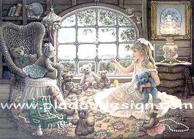 กระดาษสาพิมพ์ลาย rice paper เป็น กระดาษสา สำหรับทำงาน เดคูพาจ Decoupage แนวภาพ เจ้าหญิงน้อย รายล้อมไปด้วยตุ๊กตาหมี เท็ดดี้ แบร์ teddy bear นั่งเล่นกันอยุ่ (pladao design)