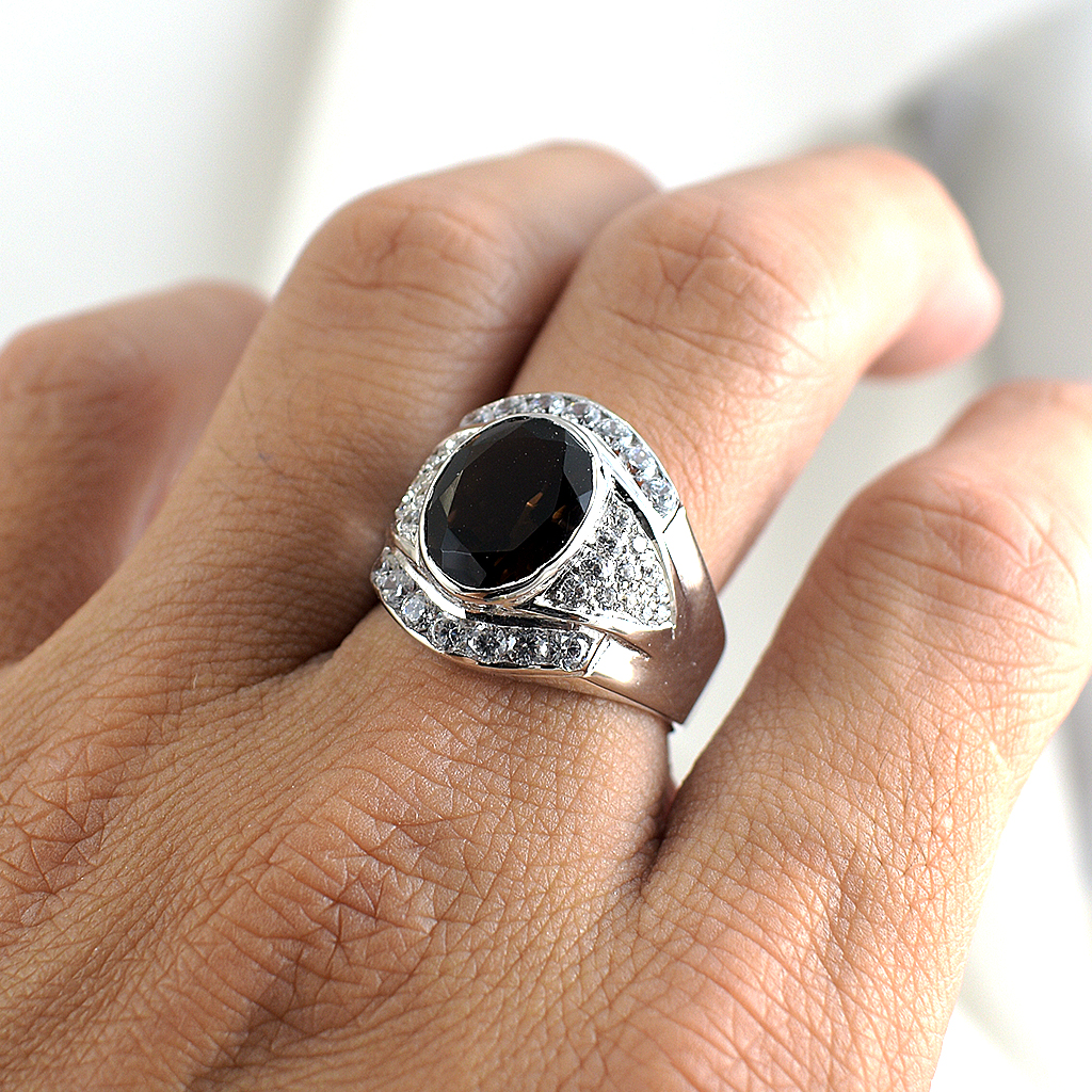 SKJewelryFactory แหวนเงินฝังพลอยสโมกกี้ควอทซ์แท้ MR00087-SMQ