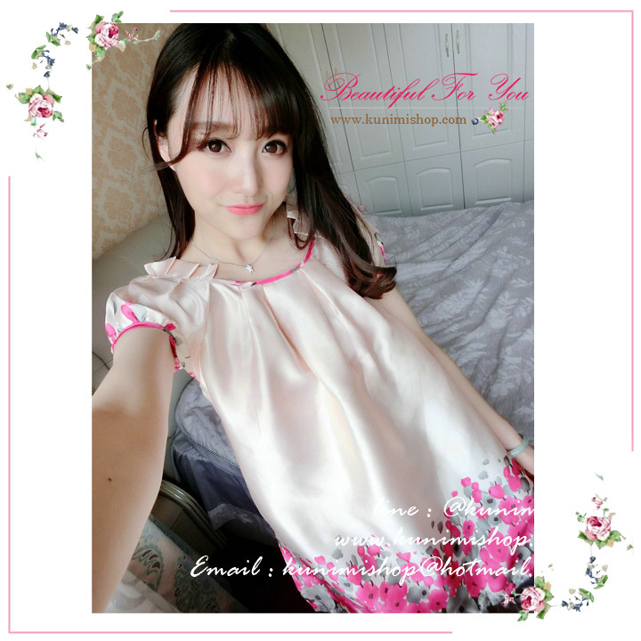 SP015 ชุดนอนกระโปรงลายดอกไม้ สวยหวาน สีส้มอ่อน แขนสั้นสวยหวาน