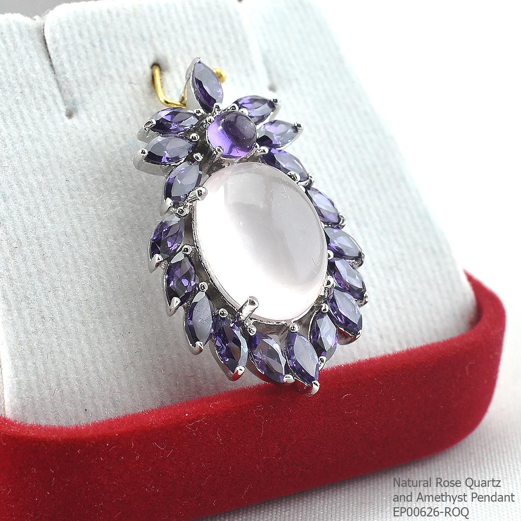SKJewelryFactory EP00626-ROQ จีพลอยโรสควอท์แท้ดีไซน์ลายใบไม้ จี้เงินแท้พลอยแท้เจียรนัยล้อมเพชรสีม่วง