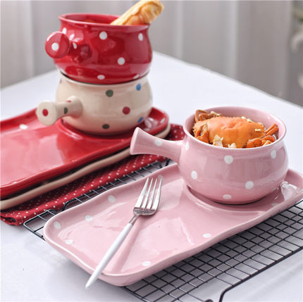 Pre-Order ชามทรงหม้อ ชามมาม่า ซุป ก๋วยเตี๋ยว พร้อมถาดรอง ใส่ขนมได้ ลายจุด Polka Dot น่ารักๆ มีให้เลือก 6 สี