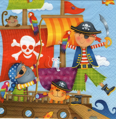 แนวภาพทะเล เด็กน้อยโจรสลัด นกแก้ว Pirate เป็นภาพบล็อค 4 กระดาษแนพกิ้นสำหรับทำงาน เดคูพาจ Decoupage Paper Napkins ขนาด 33X33cm