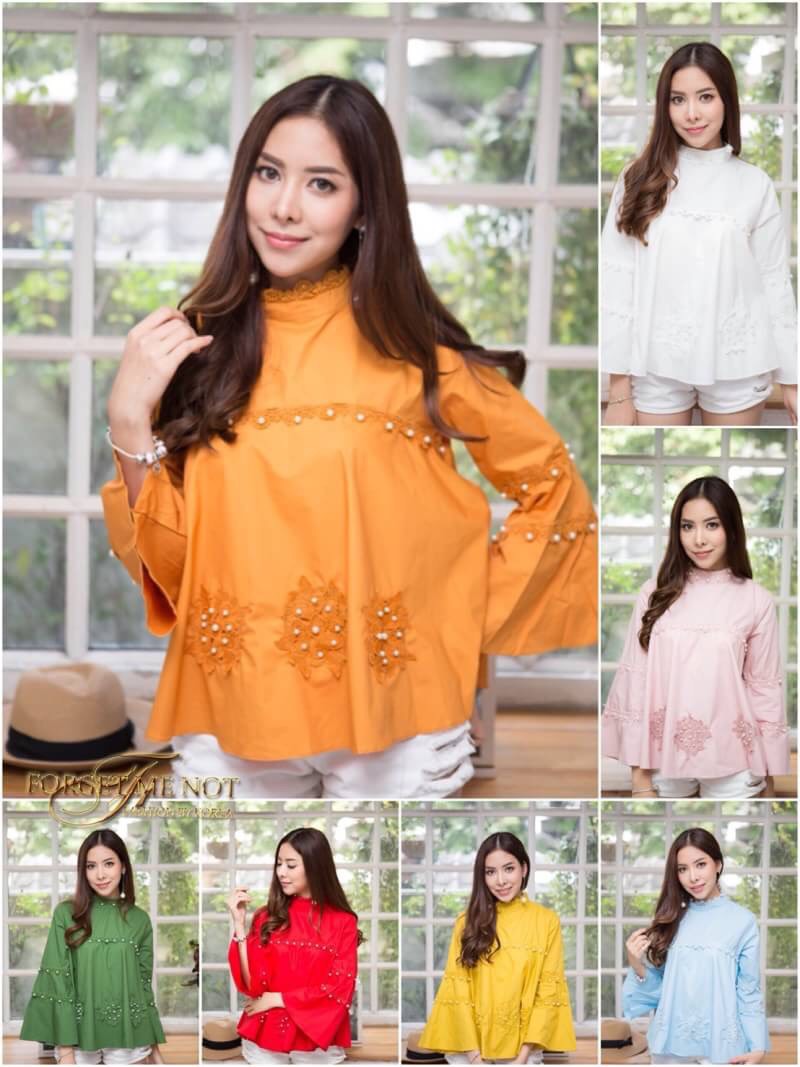 เสื้อเกาหลี พร้อมส่ง เสื้อคอปีน เนื้อผ้า cotton 100%