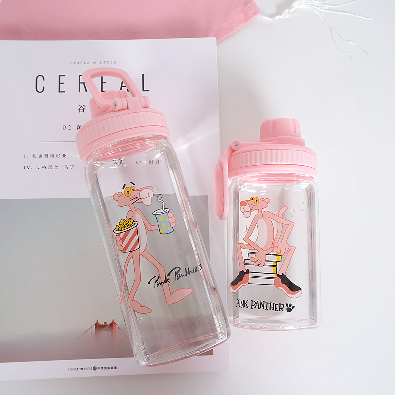 ขวดน้ำ ขวดนม Pink Panther พกพา แก้ว borosilicate ฝาดื่ม หมุนปิด มี 2 ขนาด 400 /500 ml.