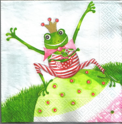 แนวภาพการ์ตูน เจ้าชายกบ นั่งบนไข่ Frog สัตว์ เป็นภาพบล็อค 4 กระดาษแนพกิ้นสำหรับทำงาน เดคูพาจ Decoupage Paper Napkins ขนาด 33X33cm