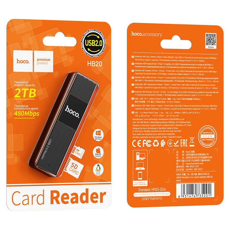 Hoco HB20 Mindful 2in1 Card Reader Support 2TB การ์ดรีดเดอร์ ใช้สำหรับ SD / TF