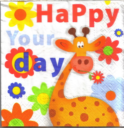 แนวภาพการ์ตูน สัตว์ ยีราฟ Happy Your Day Giraffe เป็นภาพครึ่งแผ่น กระดาษแนพกิ้นสำหรับทำงาน เดคูพาจ Decoupage Paper Napkins ขนาด 33X33cm
