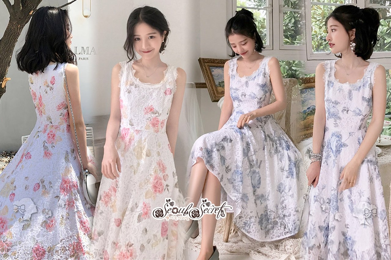 เดรสเกาหลี พร้อมส่ง เดรส เนื้อผ้าทอลายลูกไม้