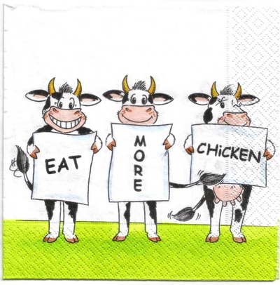 แนวภาพการ์ตูน วัวประท้วง Eat More Chicken เป็นภาพบล็อค 4 กระดาษแนพกิ้นสำหรับทำงาน เดคูพาจ Decoupage Paper Napkins ขนาด 33X33cm