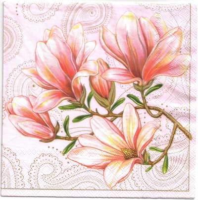 แนวภาพดอกไม้ แมกโนเลียชมพู Magnolia พื้นโบฮีเมียนชมพู เป็นภาพแนวยาว กระดาษแนพกิ้นสำหรับทำงาน เดคูพาจ Decoupage Paper Napkins ขนาด 33X33cm