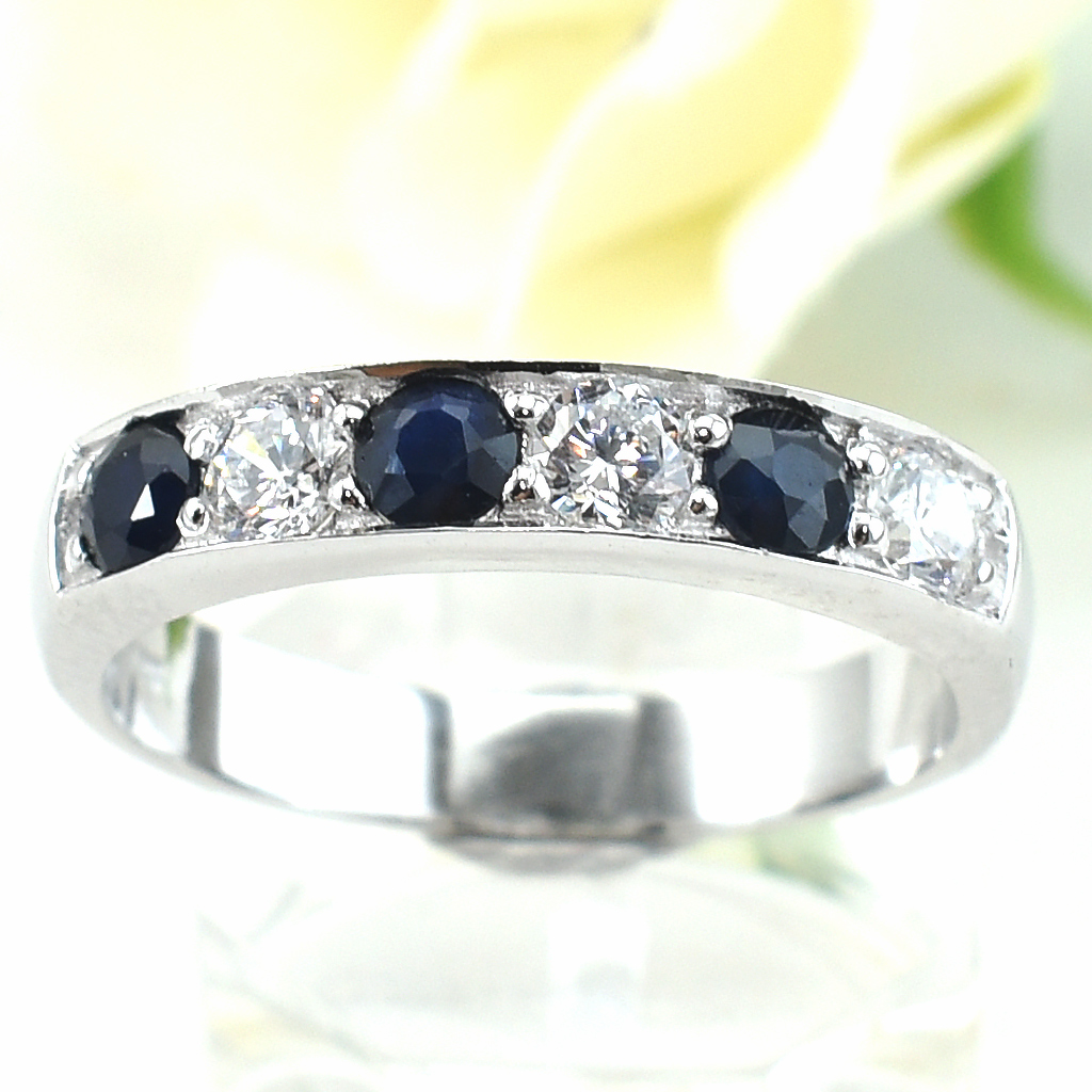 SKJewelryfactory แหวนเงินแท้ 92.5% ฝังพลอยไพลินแท้ สลับเพชร ER01835-BSA