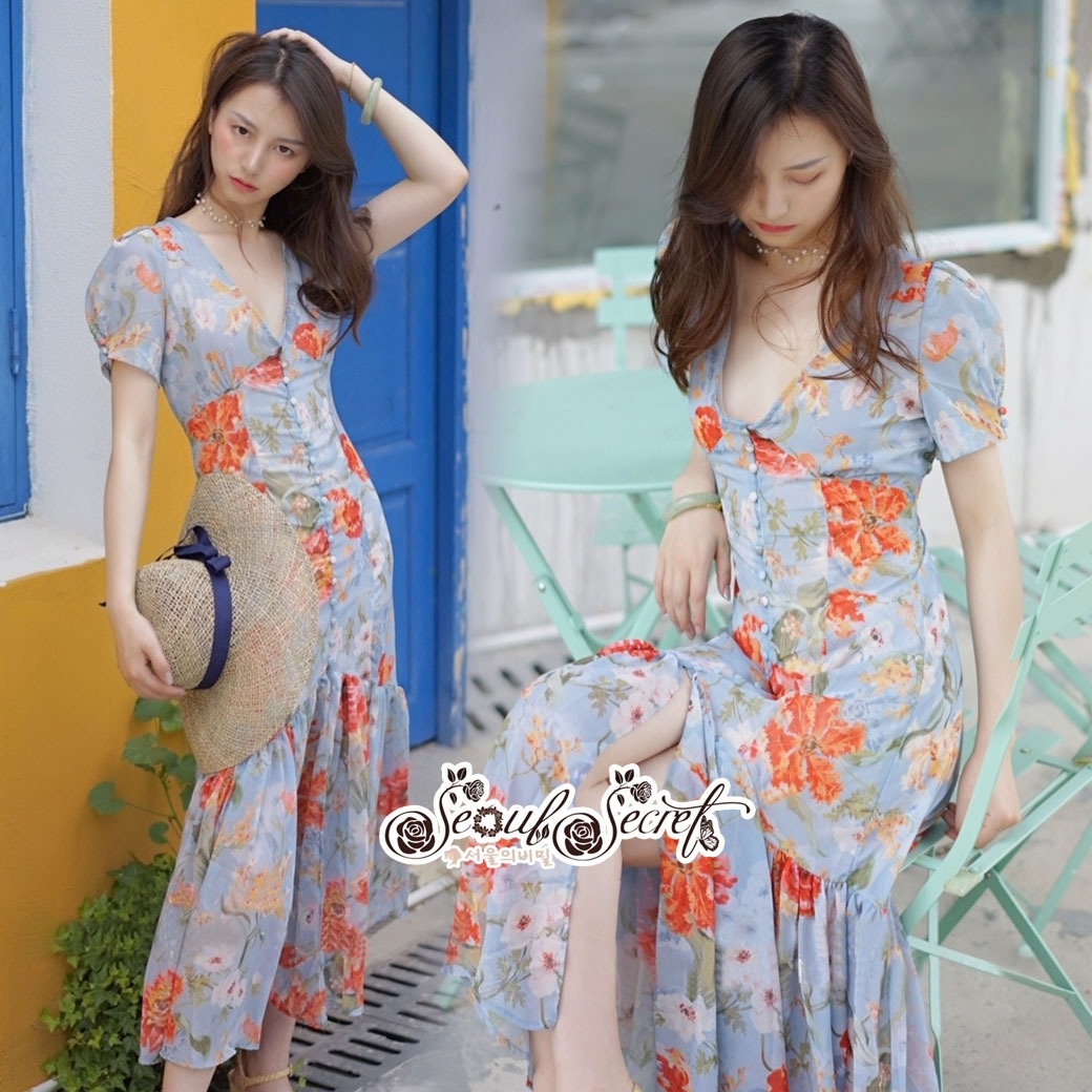 ชุดเดรสเกาหลี พร้อมส่ง เดรสผ้าชีฟอง พิมพ์ลายดอกไม้