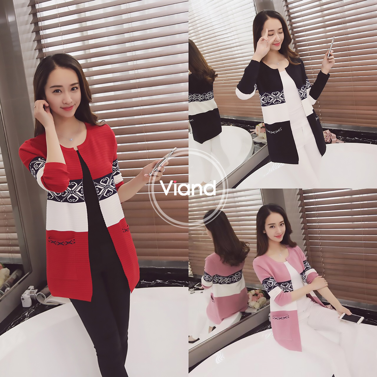 เสื้อเกาหลี พร้อมส่ง เสื้อคลุม ไหมพรม แต่งสีทูโทน