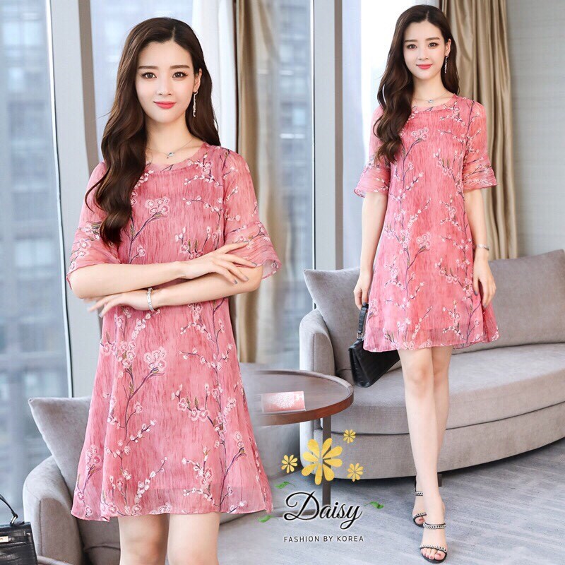 เดรสเกาหลี พร้อมส่ง เดรส ทรงปล่อยพิมพ์ลายดอกไม้สีชมพู