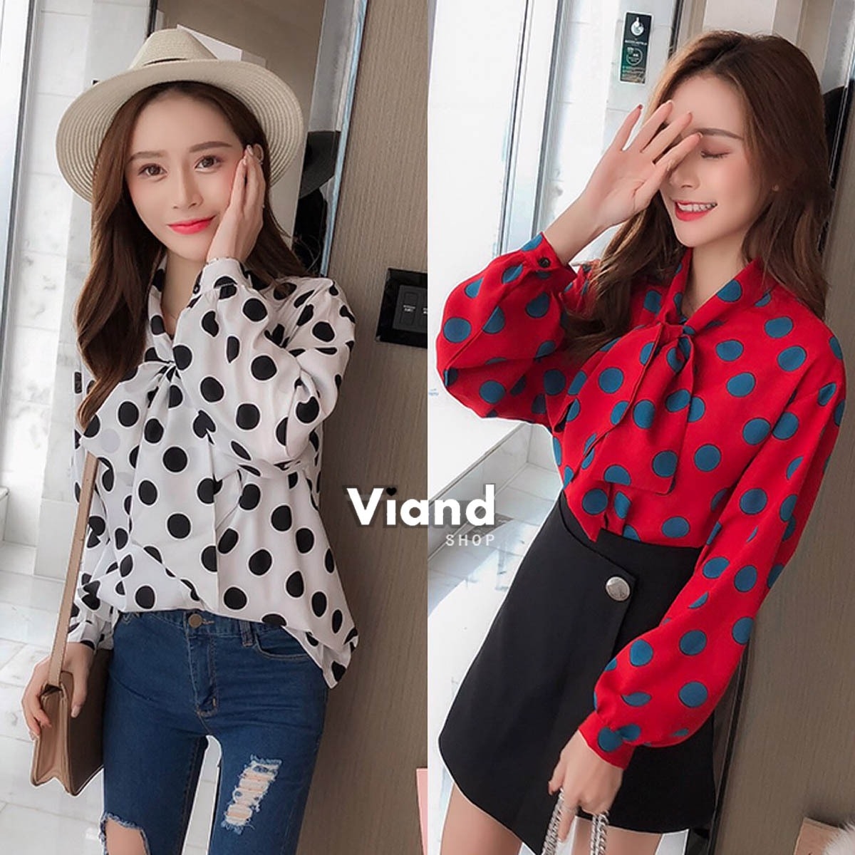 เสื้อเกาหลี พร้อมส่ง เสื้อผ้าฝ้าย นิ่มๆลายจุด