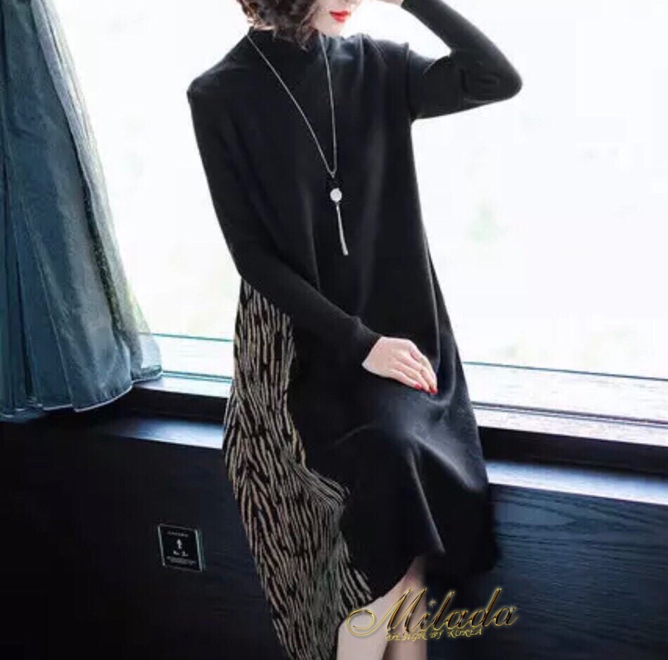 ชุดเดรสเกาหลี Dress คอปีน แขนยาว