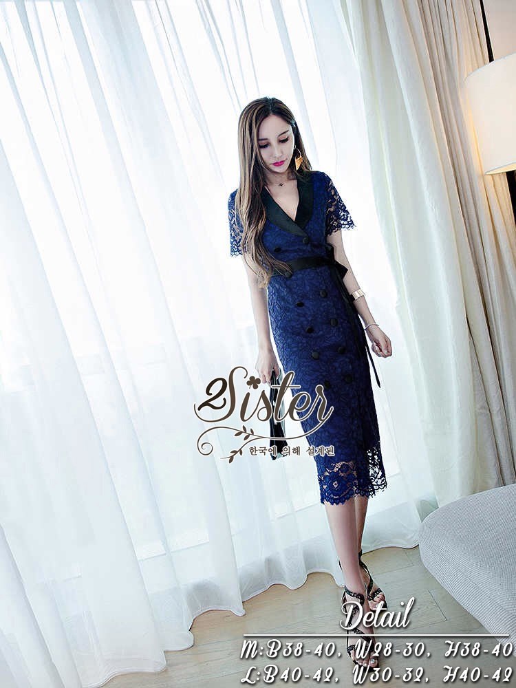 เดรสเกาหลี พร้อมส่ง เดรสลูกไม้ สีน้ำเงินลุคสวยหรู