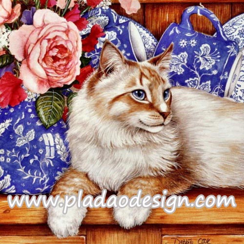 กระดาษสาพิมพ์ลาย สำหรับทำงาน เดคูพาจ Decoupage แนวภาพ แมวน้อยขนยาวสีน้ำตาลอ่อนๆ นั่งอยู่บนชั้นแขวนแก้ว