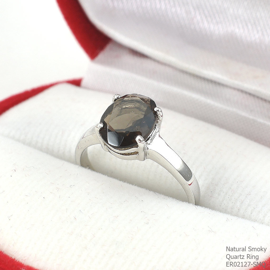 SKJewelryfactory แหวนเงินแท้92.5% ฝังพลอยสโมกกี้ควอทซ์ เรียบหรูดูดี ER02127-SMQ