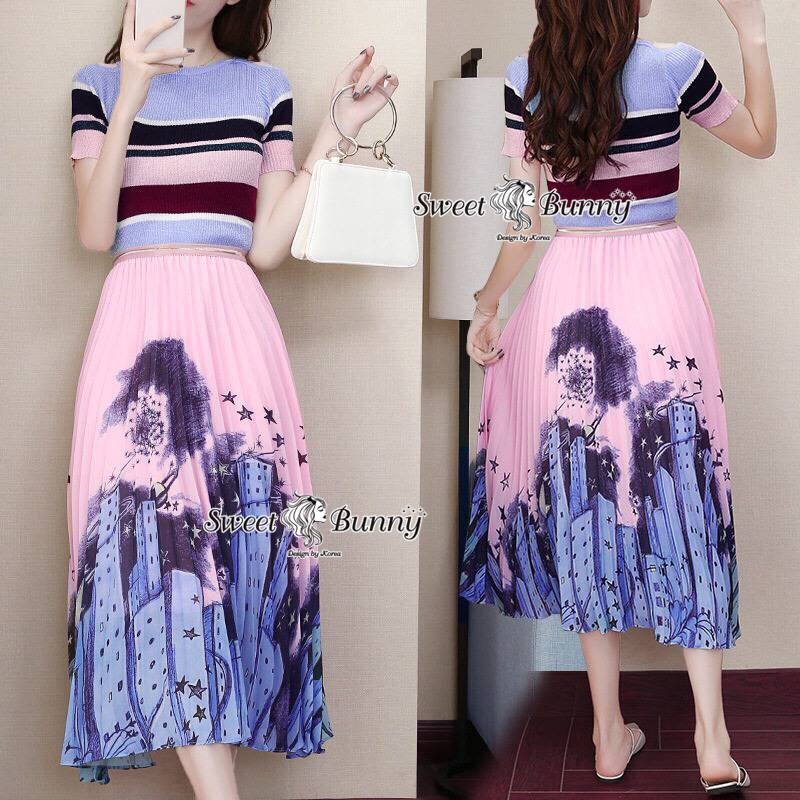 เสื้อผ้าเกาหลี พร้อมส่ง ชุดเซ็ทไหม+กระโปรง