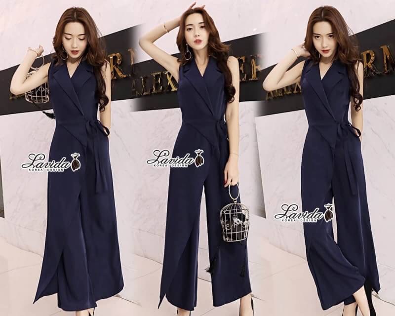 เสื้อผ้าเกาหลี พร้อมส่ง จั้มสูท ทรงคอสูทแขนกุด