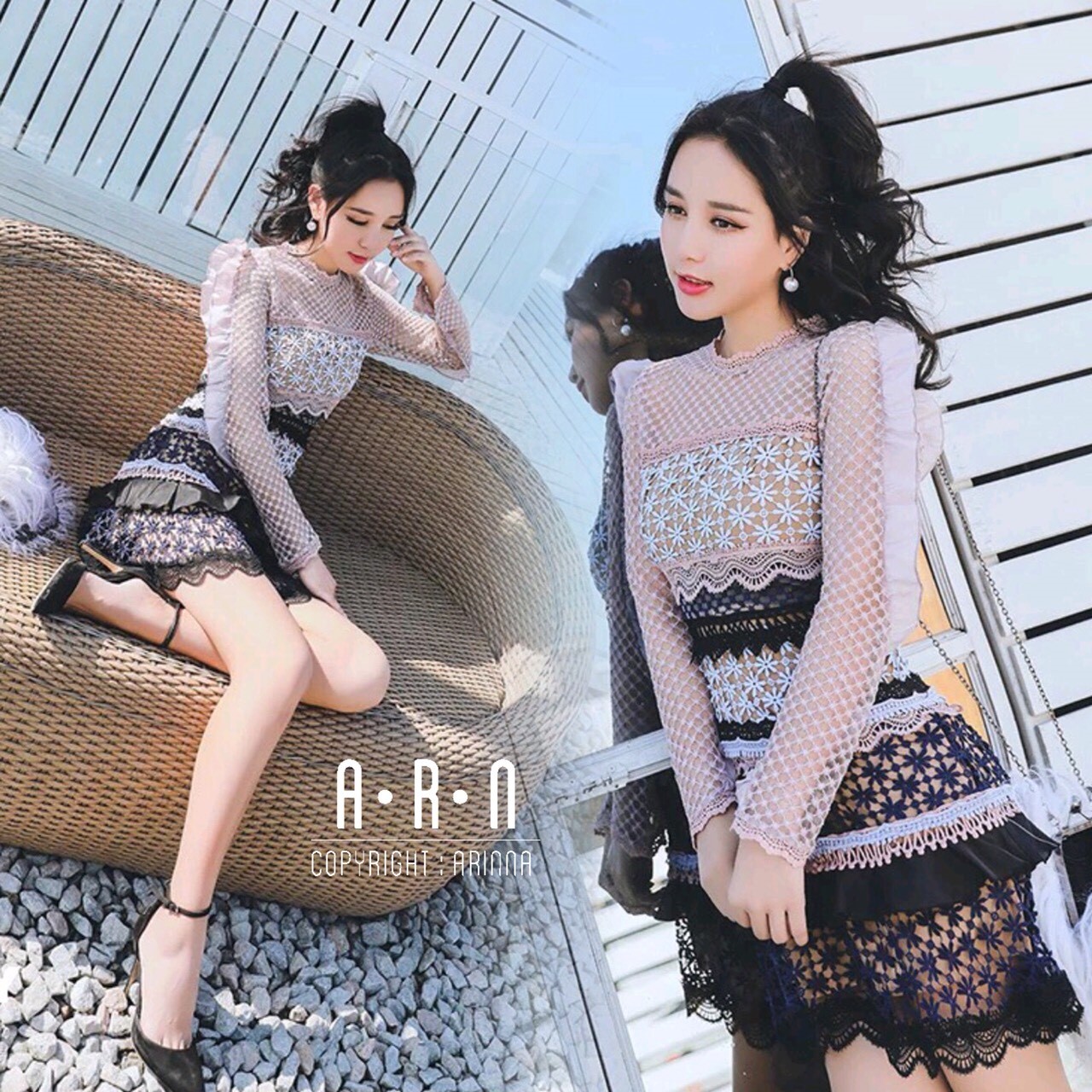 ชุดเดรสเกาหลี พร้อมส่ง เดรสสั้น ผ้าลูกไม้โทนสีชมพู ฟ้า และกรม