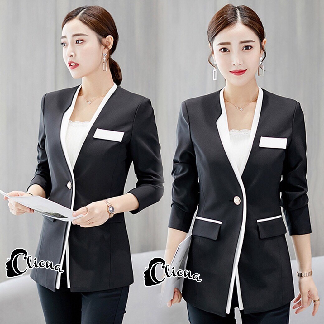 เสื้อผ้าเกาหลี พร้อมส่ง เสื้อสูท แต่งแถบขาว
