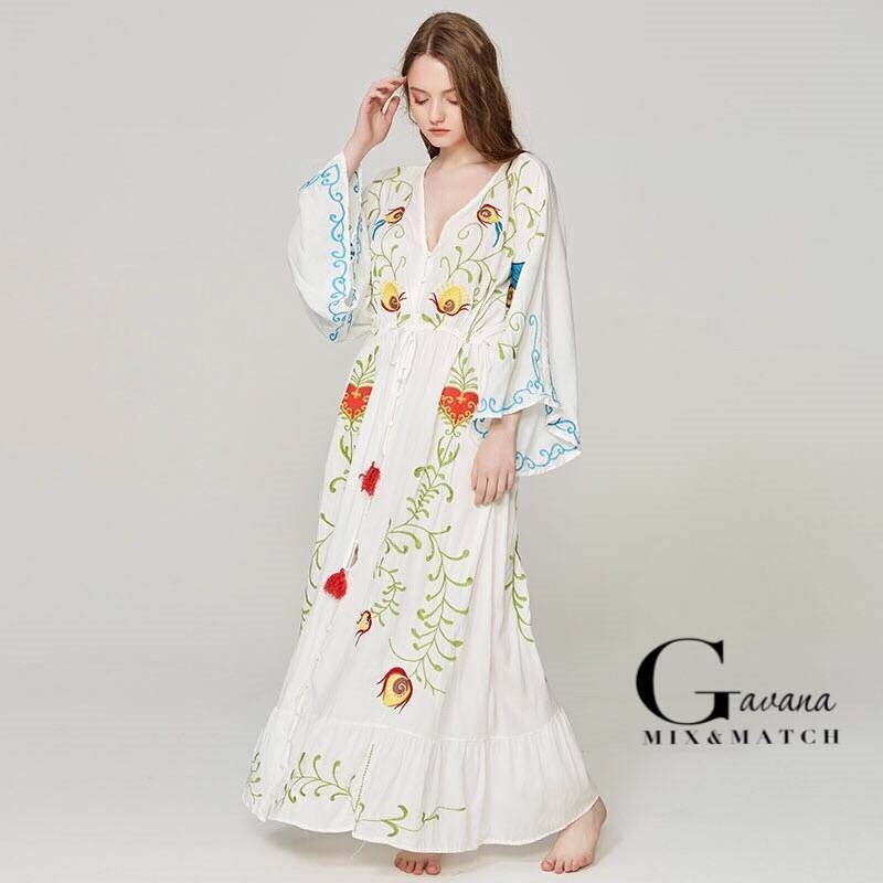 Maxi dress พร้อมส่ง เดรสเกาหลี สไตล์โบฮี ปักลาย
