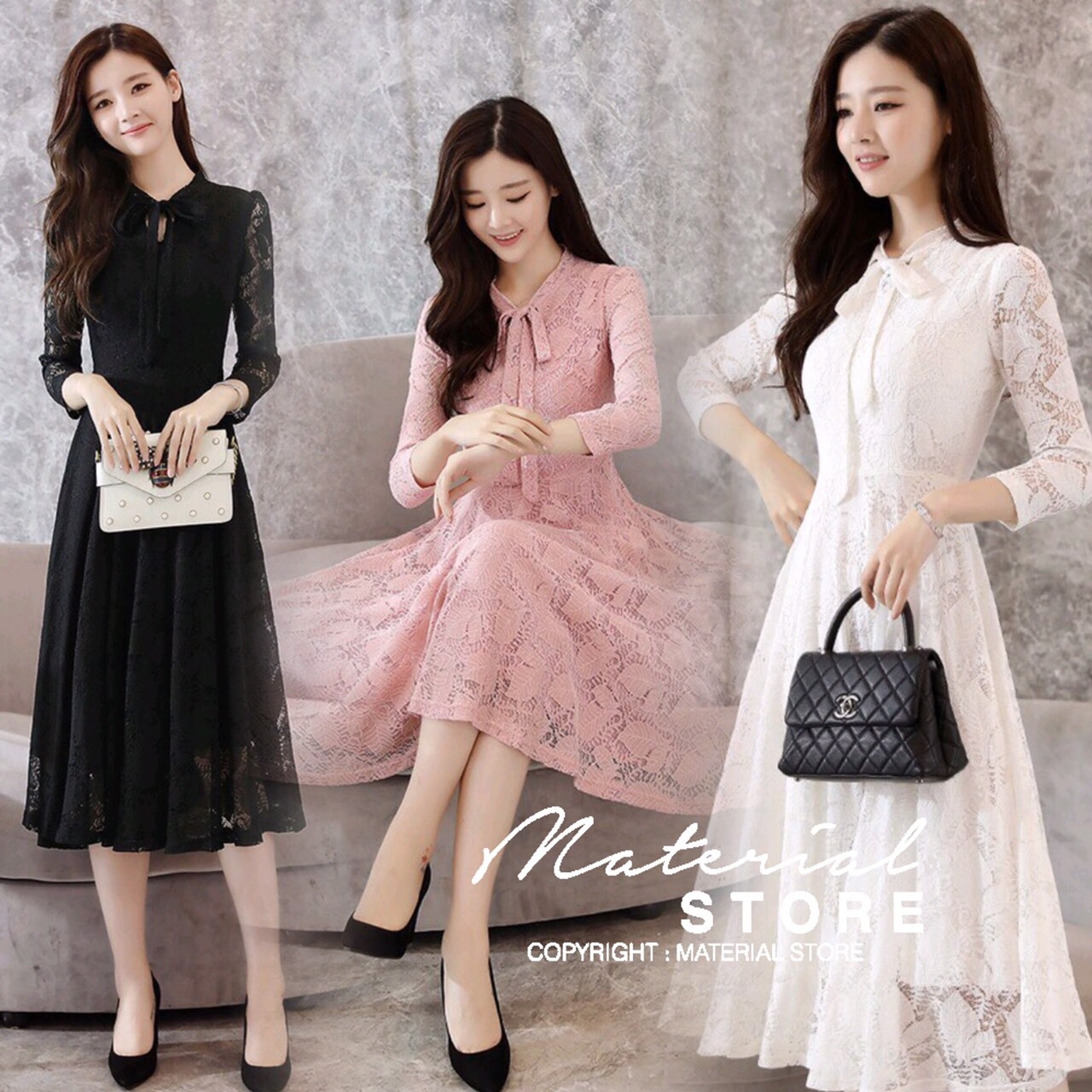 เดรสเกาหลี พร้อมส่ง เดรสยาวยาว ช่วงคอผูกโบว์