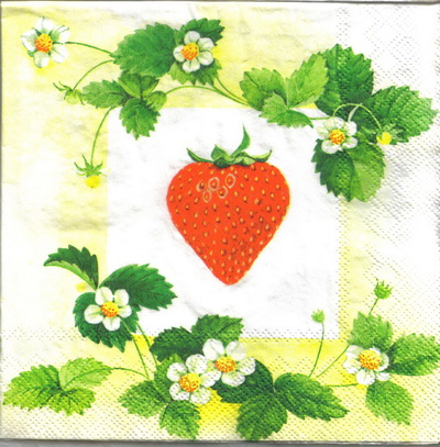 แนวภาพ ผลไม้ สตอเบอร์รี่ Strawberry เต็มลูก เป็นภาพบล็อค 4 กระดาษแนพกิ้นสำหรับทำงาน เดคูพาจ Decoupage Paper Napkins ขนาด 33X33cm