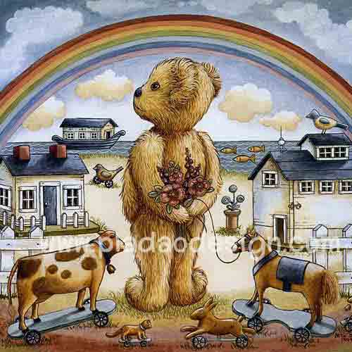 กระดาษสาพิมพ์ลาย rice paper สำหรับทำงาน เดคูพาจ Decoupage Handmade แนวภาพ Teddy Bear หมี เท็ดดี้ กับสายรุ้ง