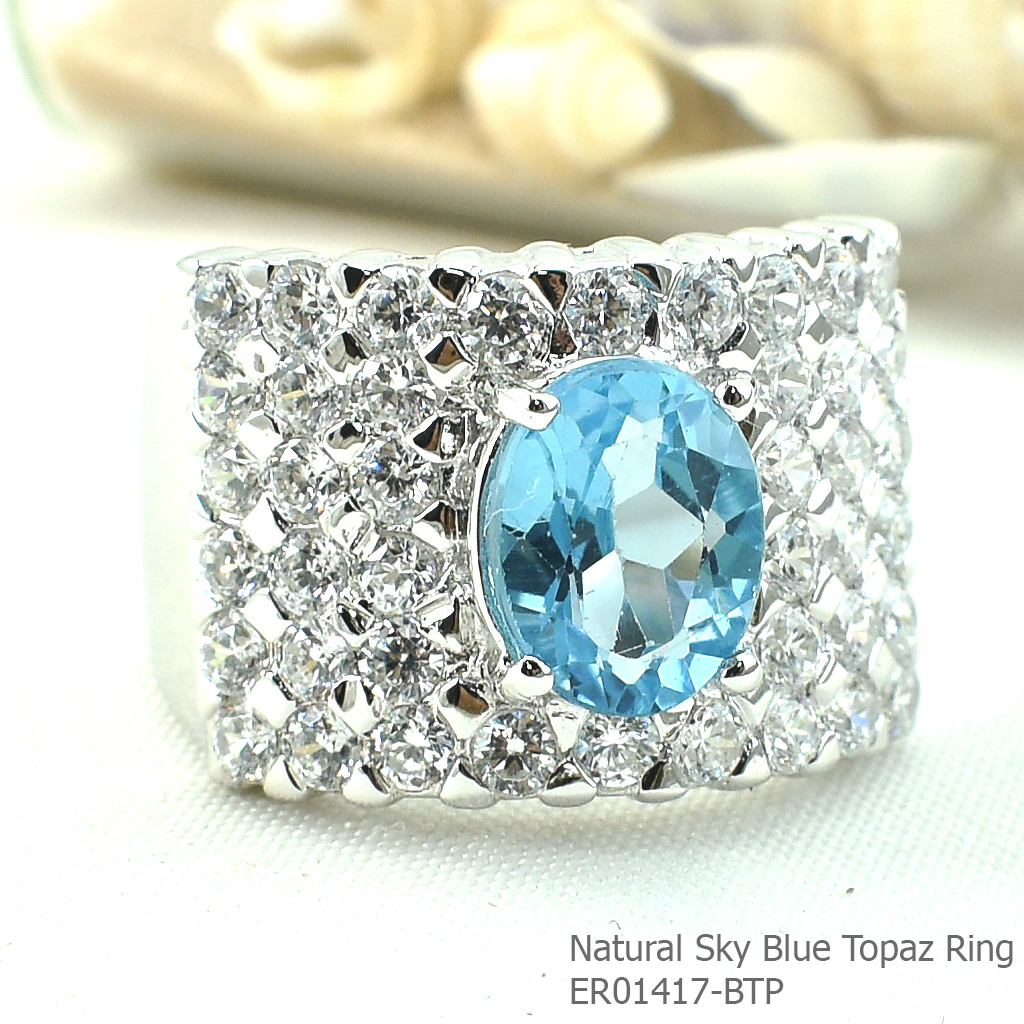 SKJewelryfactory แหวนบลูโทปาซแท้ ดีไซน์ แหวนสี่เหลี่ยมชูยอดพลอย ER01417-SBT