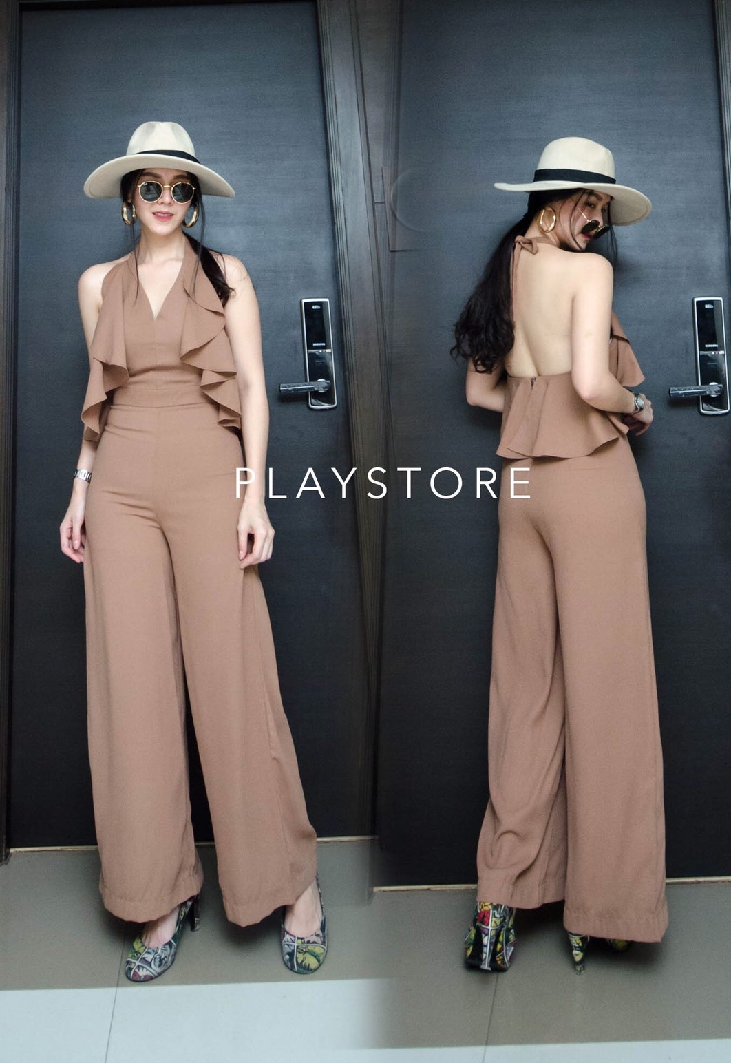 เสื้อผ้าเกาหลี พร้อมส่ง ชุดจัมพ์สูทผูกคอเว้าหลัง