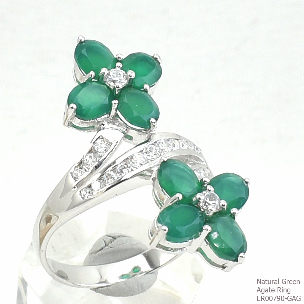 SKJewelryFactory แหวนดอกไม้ พลอยเขียวแท้ เรือนเงินแท้ 92.5% พลอยกรีนอะเกทแท้ ER00790-GAG