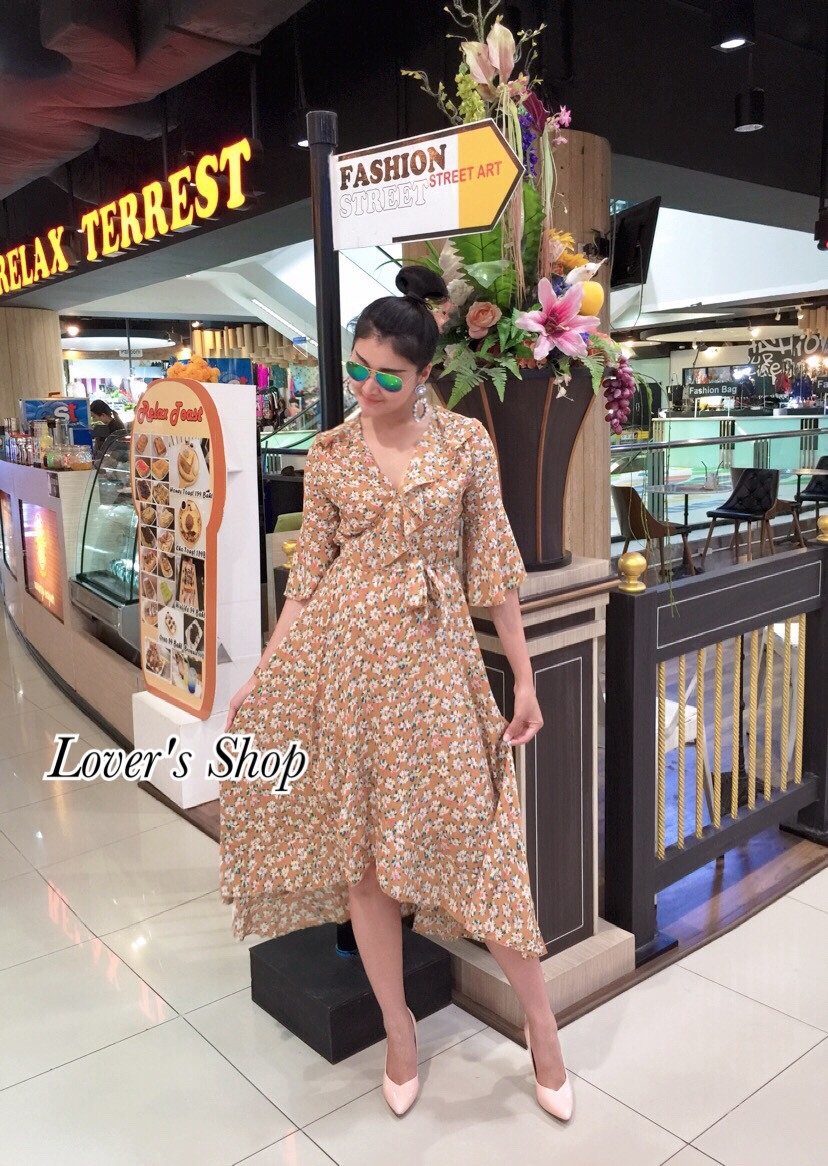 ชุดเดรสเกาหลี พร้อมส่ง แม็กซี่เดรส ทรงป้ายใส่และผูก
