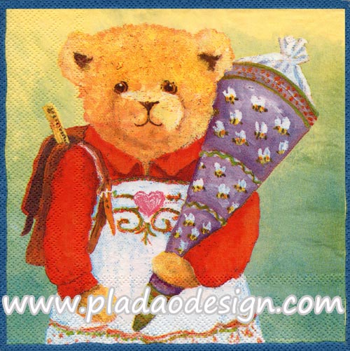 กระดาษสาพิมพ์ลาย rice paper สำหรับทำงาน Handmade เดคูพาจ Decoupage แนวภาพ หมี เท็ดดี้ แบร์ Teddy bear หมีหญิง แบกเป้ถือหมอน พื้นหลังเหลืองเขียว (ปลาดาวดีไซน์)