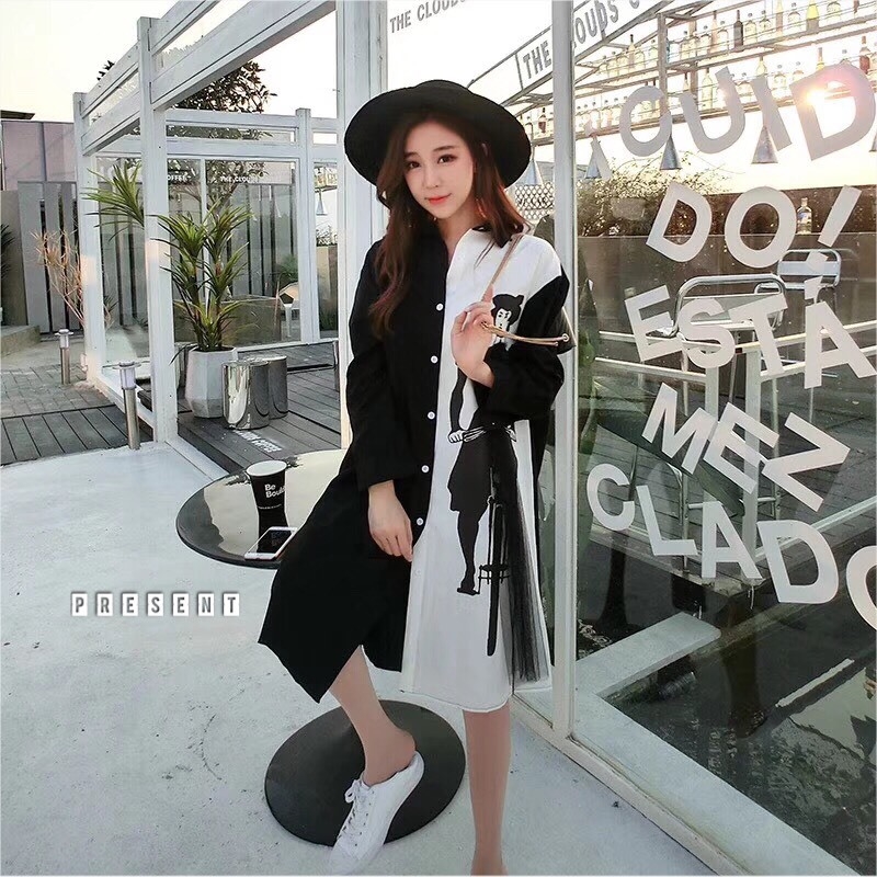 เดรสเกาหลี พร้อมส่ง แม๊กซี่เดรส เชิ้ต กระดุมยาว